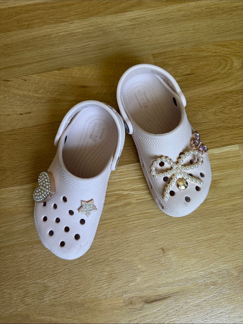 CROCS Kids Pale Pink Slip-On Clogs with Pearl Bow & Heart Charms